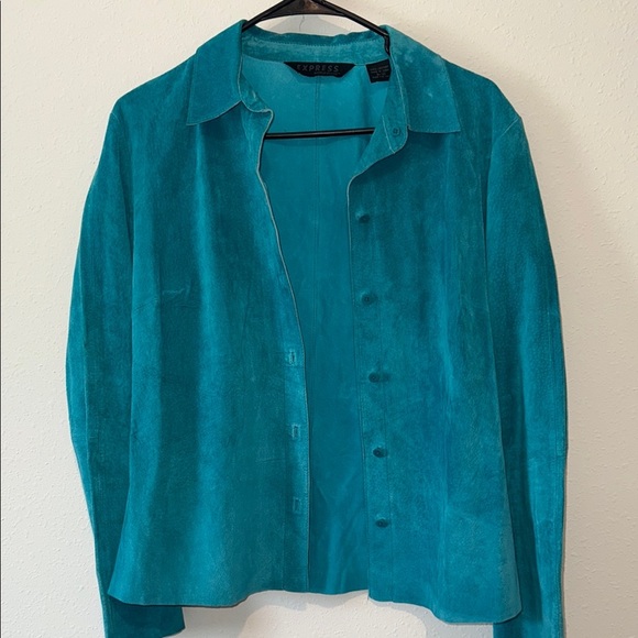 Vintage Express World Brand leather suede Turquoise Button-Up Shirt - Picture 4 of 4